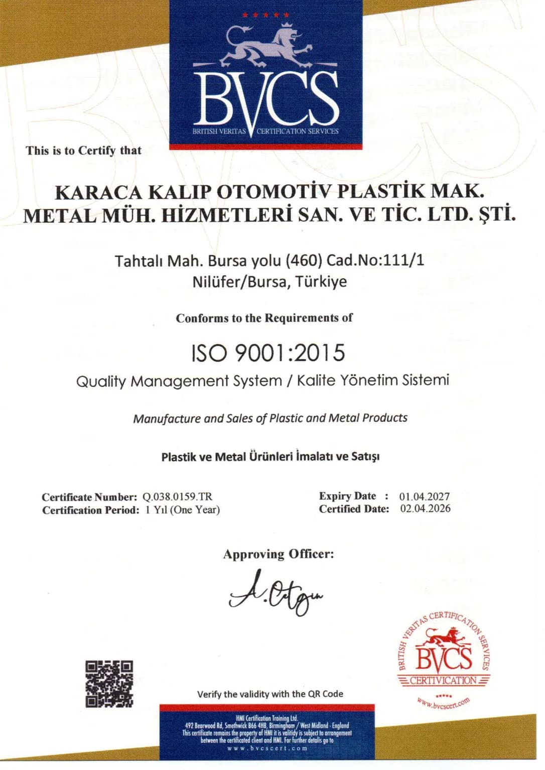 Karaca Kalıp ISO 9001 2026 kalite sertifikası