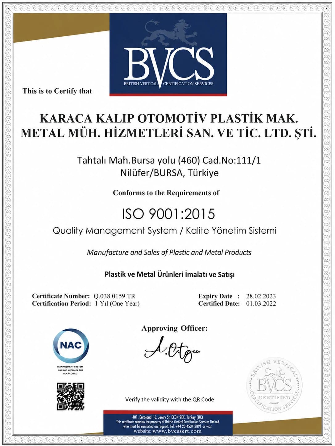 Karaca Kalip ISO 9001 2015 kalite sertifikasi